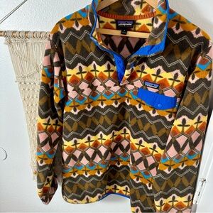 Patagonia Multi-Color Patterned Fleece Pullover — Brown, Pink, Yellow, Blue